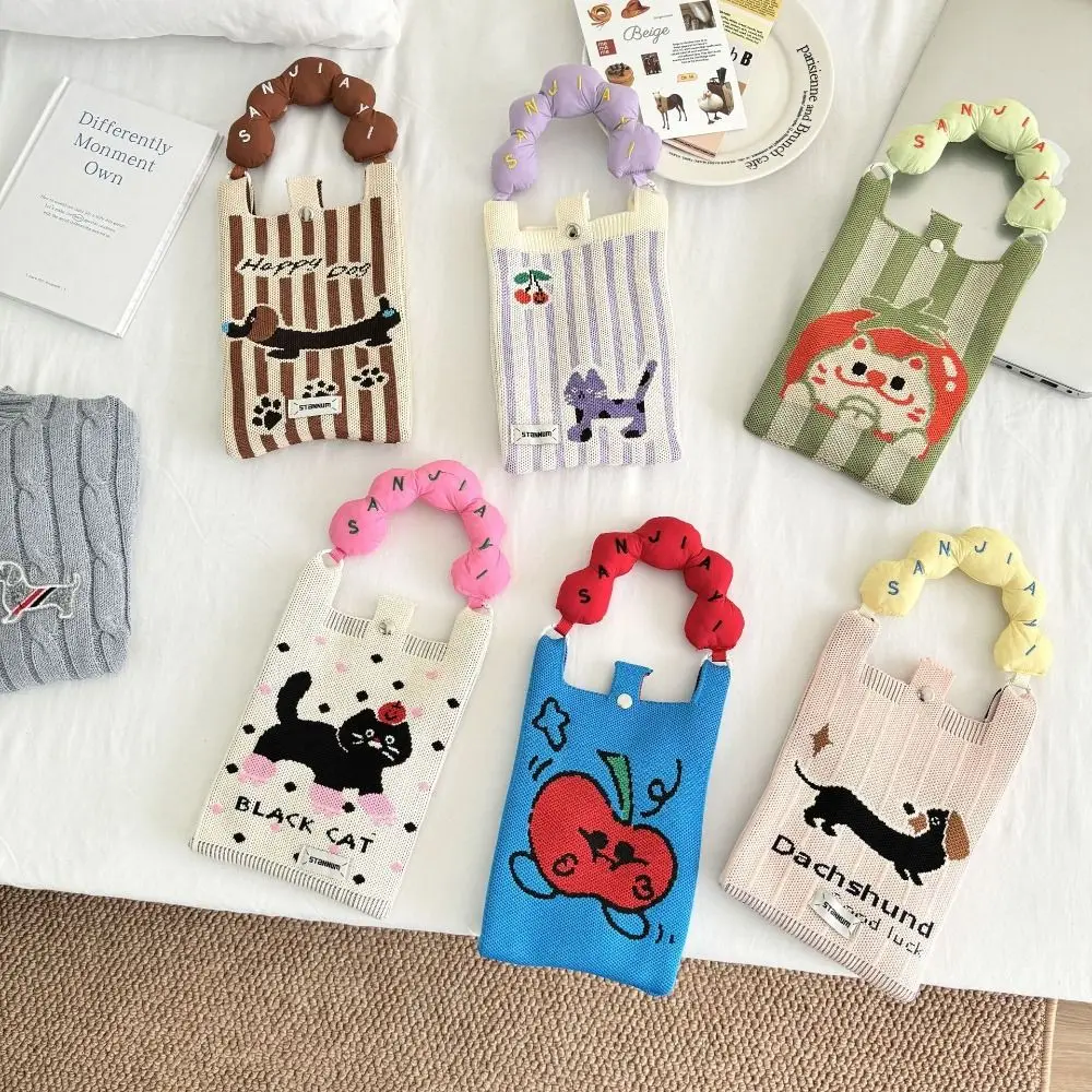 Mini Shoulder Bag Cute Cartoon Mobile Phone Bag Student Messenger Bag Knitted Handbag Key Holder Lipsticks Pouch