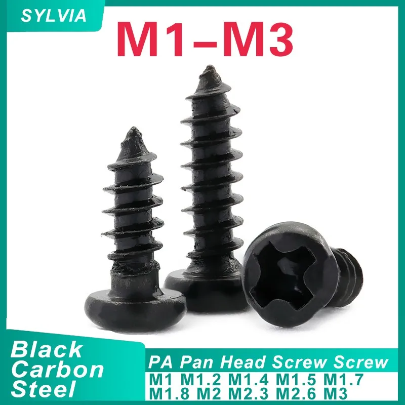 50/ 100/ 200/ 500pcS M1 M1.2 M1.4 M1.7 M2 M2.6 M3 M3.5 Black Steel Small Phillips Flat Cross Round Pan Head Self-tapping Screw