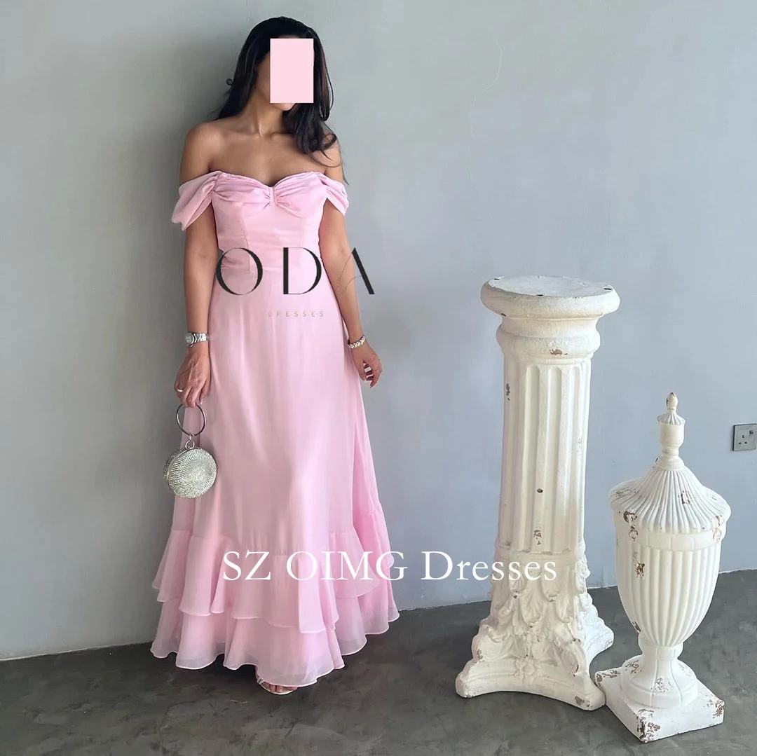 

OIMG Gorgeous Fashion Pink Off the Shoulder Chiffon Prom Dresses Zipped Tiered Sexy Vintage Evening Gowns Formal Party Dress