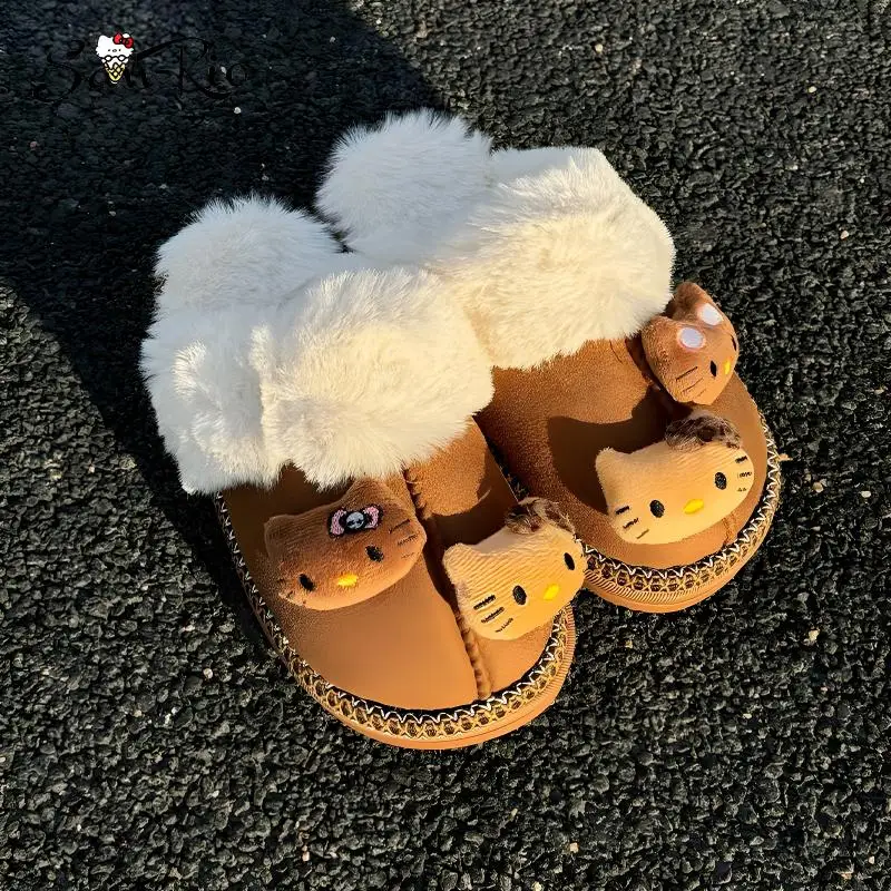 

Sanrio Hello Kitty Plush Slippers Warm Winter Indoor Brown Slippers Flat Casual Non-Slip Girl Home Shoes Warms Cotton Slippers