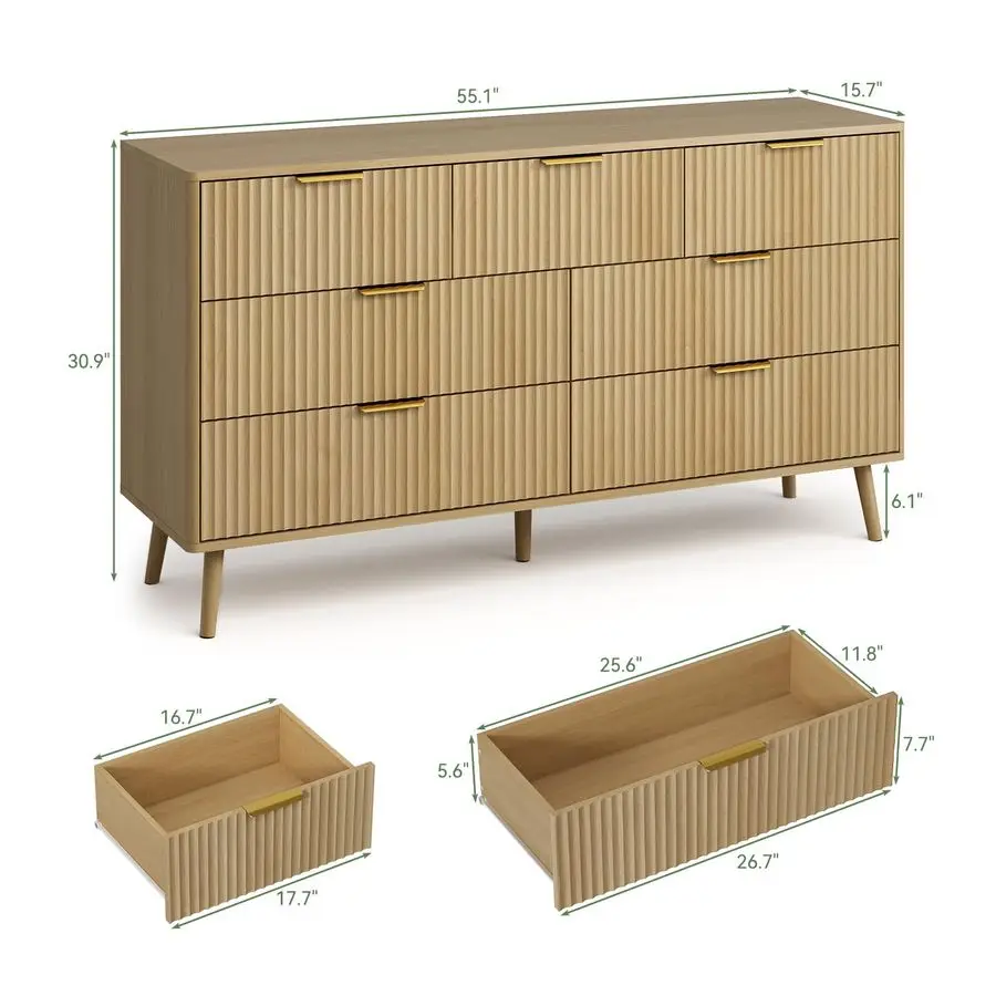 ตู้ลิ้นชักแบบมีร่องกว้าง 55 ซม. สำหรับห้องนอน 7 ลิ้นชัก ตู้ลิ้นชักทันสมัยพร้อมดีไซน์โค้งมนและมือจับโลหะ ทำจากไม้