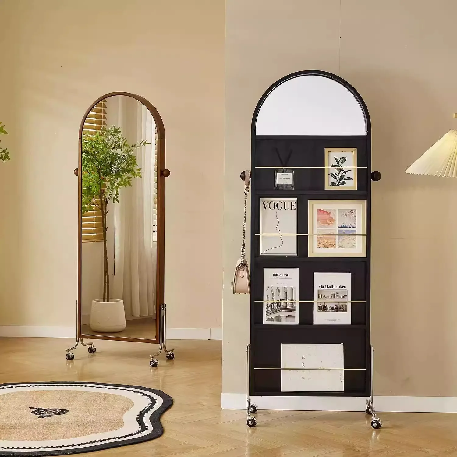 

Retro floor mirror full body mirror home creative magazine book and newspaper shelf used movable solid wood fitting mirror