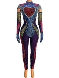 Birthday Show Club Dress Colorful Rhinestones Jumpsuit Celebrate Outfit Evening Birthday Love Heart Stretch Costume Rompers