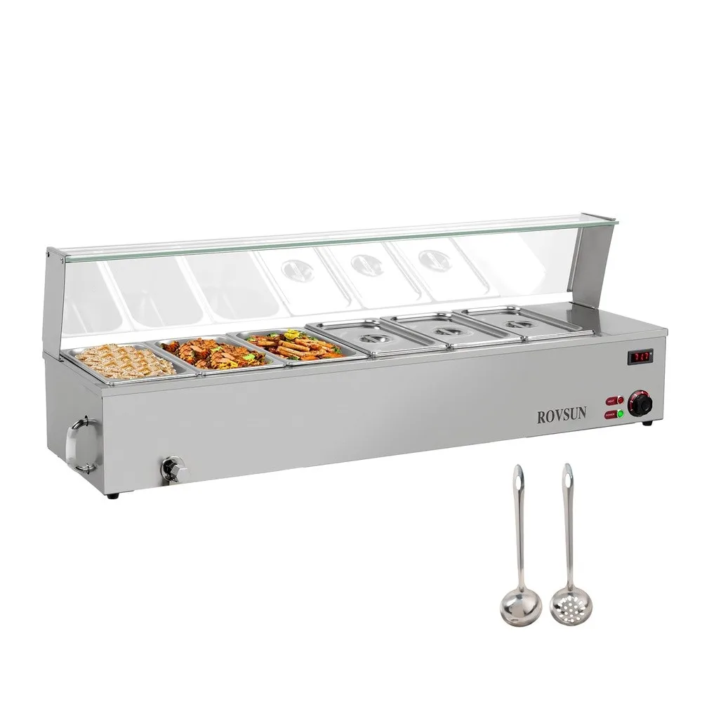 48QT Electric Commercial Food Warmer 6 Pan Steam Table 8QT/Pan Stainless Steel Bain Marie Countertop w/Glass Shield