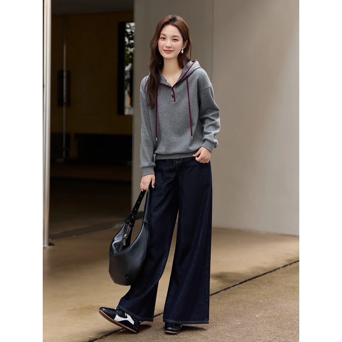 VIMLY 여성용 회색 후드티 심플한 면 혼방 플리스 안감 대비 색상 스웨트셔츠 2025 오버사이즈 두꺼운 여성 겨울 상의 A3537