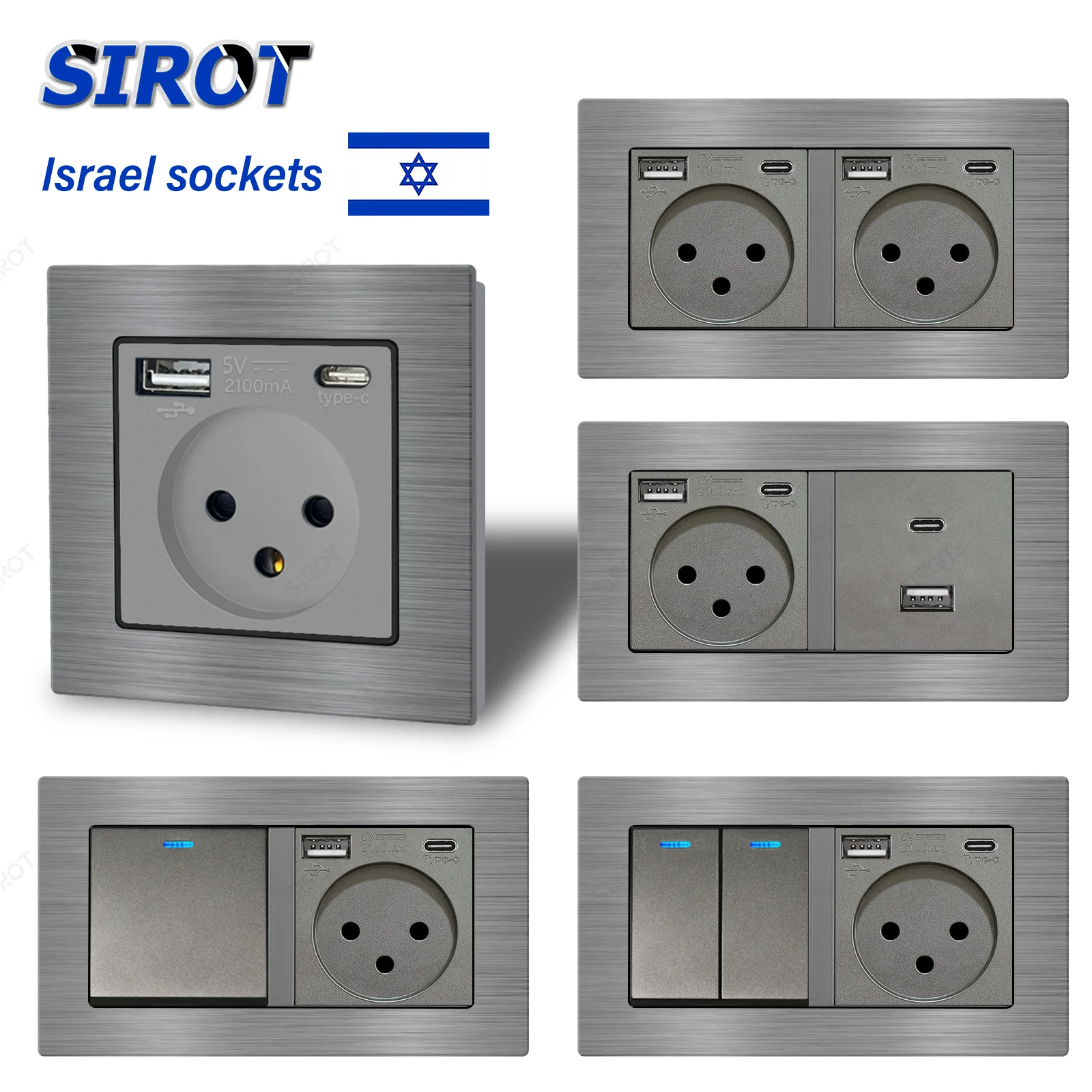 SIROT Israel Standard with USB Type C Charging Socket,Grey Stainless Steel Panel 16A Israel Wall Socket Light Switch Combination