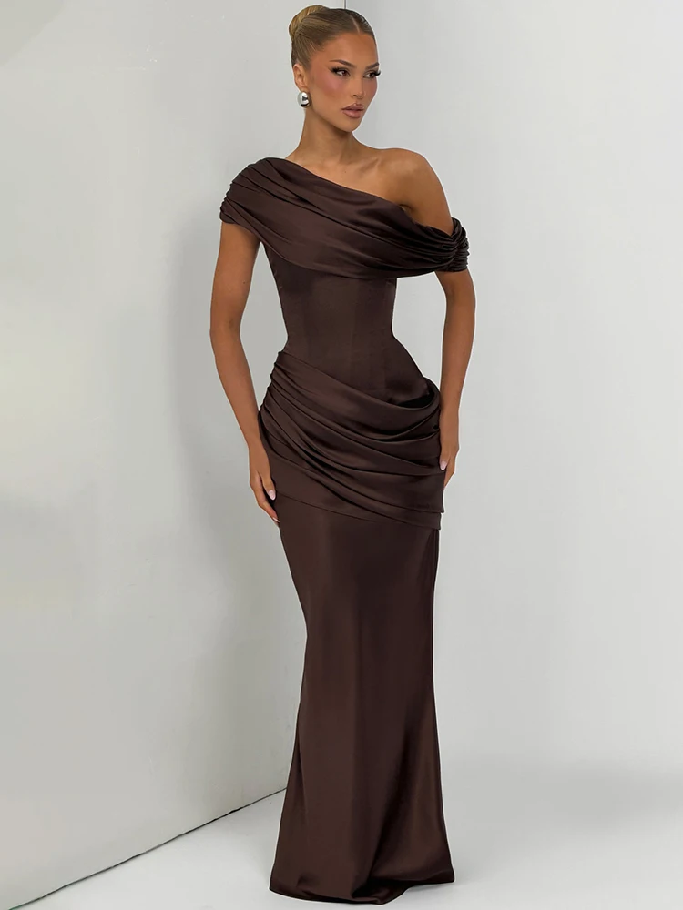 Robe longue sexy en satin Blifanbo, à volants détachables, pour femmes, élégante, à épaule inclinée, taille haute, coupe sirène, pour soirées et clubs.