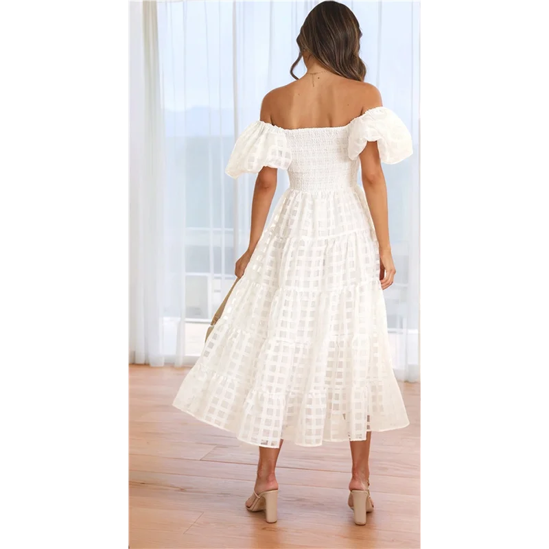 ABP-Vestiti lunghi maxi da donna a maniche corte gonfie con scollo quadrato e smock a strati