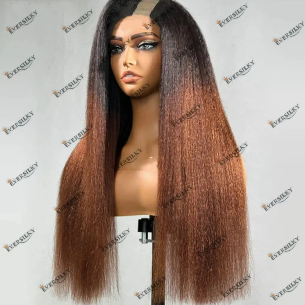 

Yaki Straight Glueless V Part Wig Human Hair Dark Brown Roots Ombre for Black Women Easy Wear 1x4 Size U Part Wigs Human Hair