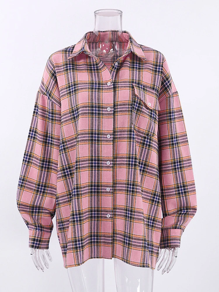 2023 Autumn Winter Women Vintage Oversized Long Thick Plaid Shirt Long Sleeve Ladies Tops Loose Fit Blouse For Woman