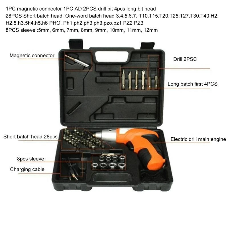 E15A Rechargeable Cordless Drill Set with Drill Bits Electric Screwdriver Driver Tool 45-in-1 Screwdriver Set with LED Light