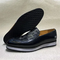 Men's Genuine Leather Slip-On Loafers Casual Shoes Double Buckle Monk Strap Crocodile Print Comfortable Outdoor Sneakers
