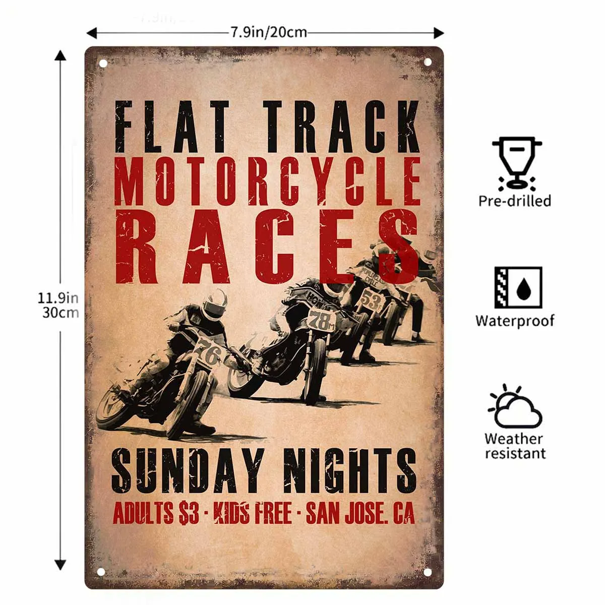 2D FLAT 1pc Flat Track Motorcycle Races Sunday Nights Metal Wall Sign Decoration for Home Cafe Garage Bedroom Porch And Garden