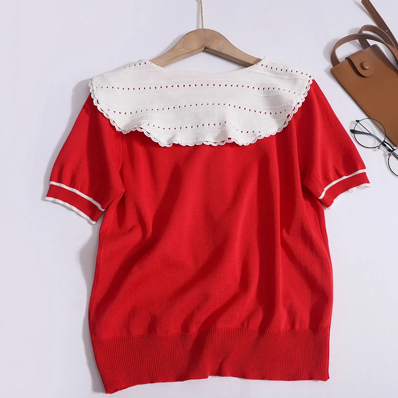 Women Spring Summer Patchwork Peter Pan Collar Short Top Thin Button Short Sleeve Knit Top Elastic Casual Lace up Office Shirt