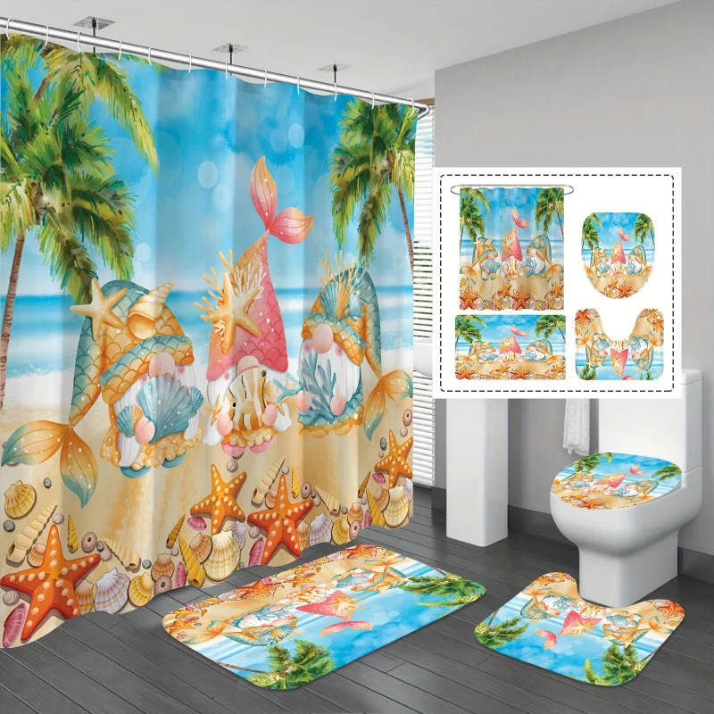 1/4 pcs summer beach gnome set starfish shell shower curtain with 12 hooks, non-slip bathroom mat toile