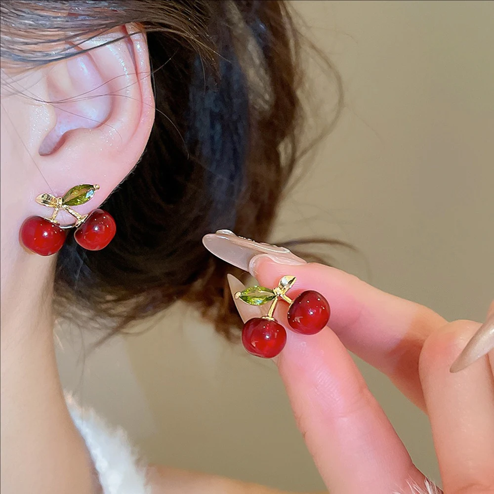 

Silvery Needle Resin Zircon Cherry Studs Unique Fashionable Sweet and Niche High-end Earrings for Women