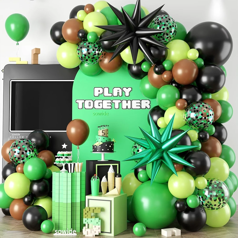 112-teiliges grünes und braunes Ballonbogen-Girlanden-Set, schwarze, dunkelgrüne und lindgrüne Ballons, Dschungel-Videospiel-Thema, Geburtstagsparty-Zubehör