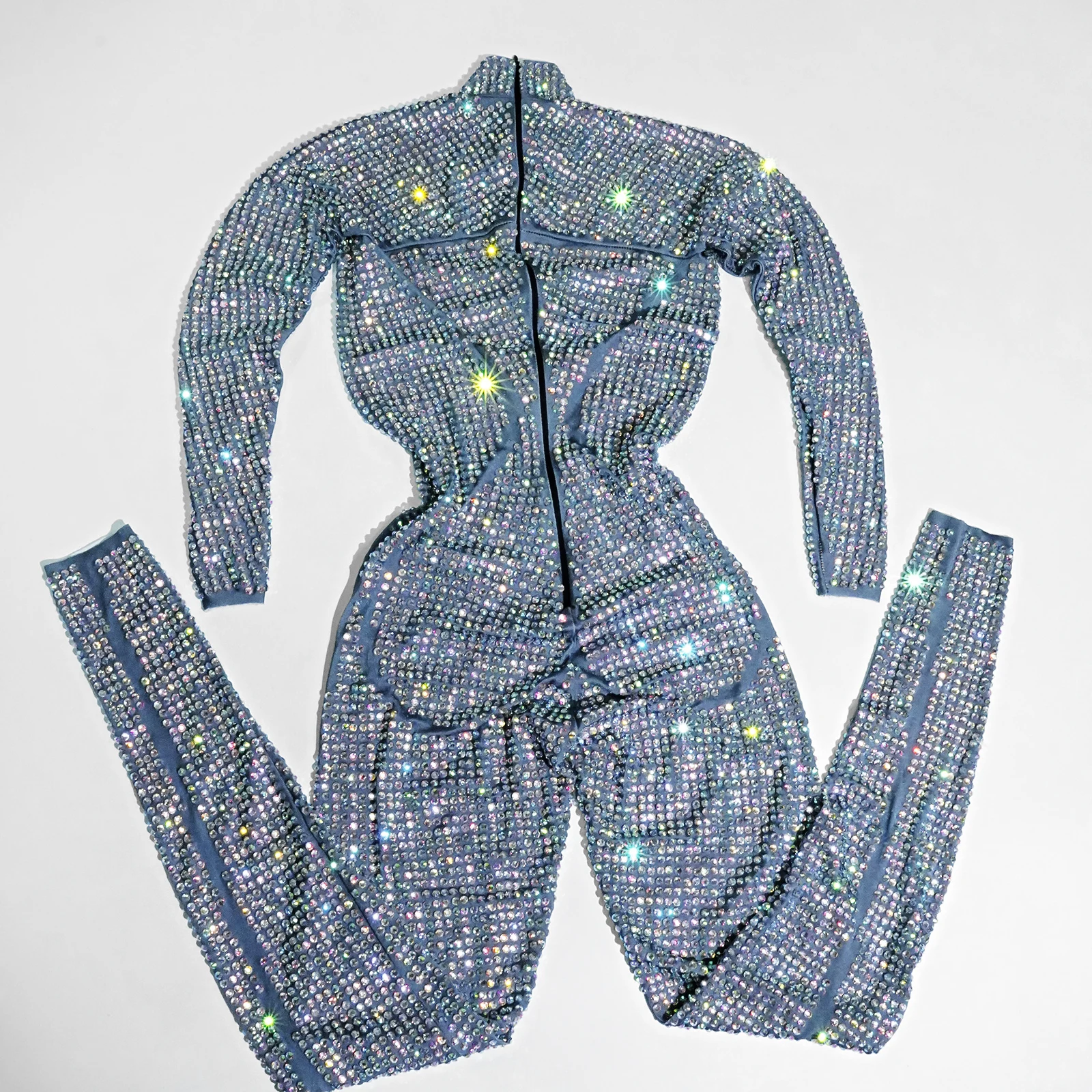 Luksusowe kombinezony z pełną aplikacją srebrnych cyrkonii, stroje sceniczne dla tancerki gogo, strój urodzinowy dla drag queen, strój dla piosenkarki, na wieczorne przyjęcie, do klubu, dla showgirl