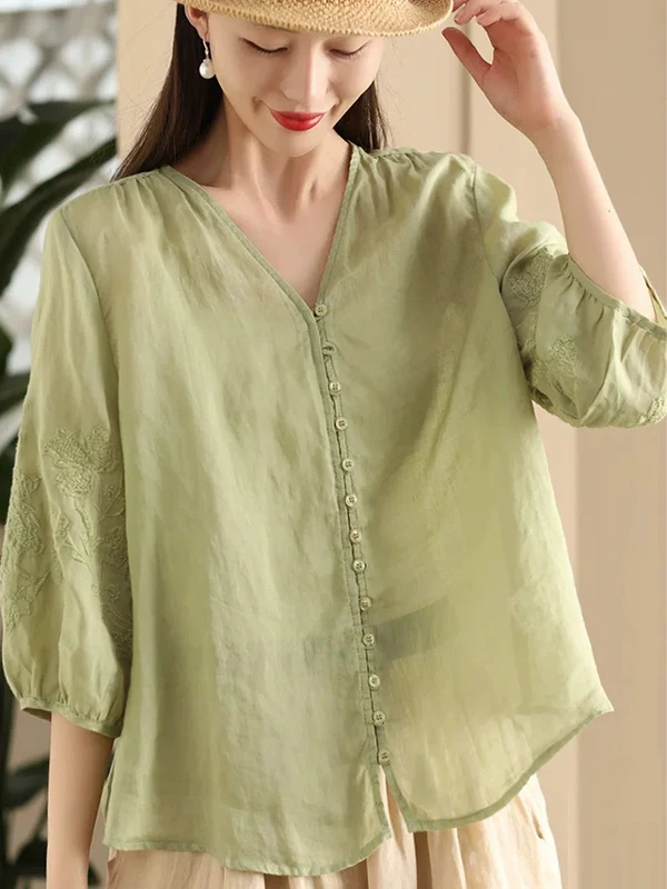 レトロ V ネック オルト スヴェ 刺繍入り リネン コットン ブレンド イルト レディース ルーズフィット ボタンアップ サマー トップス 中国風