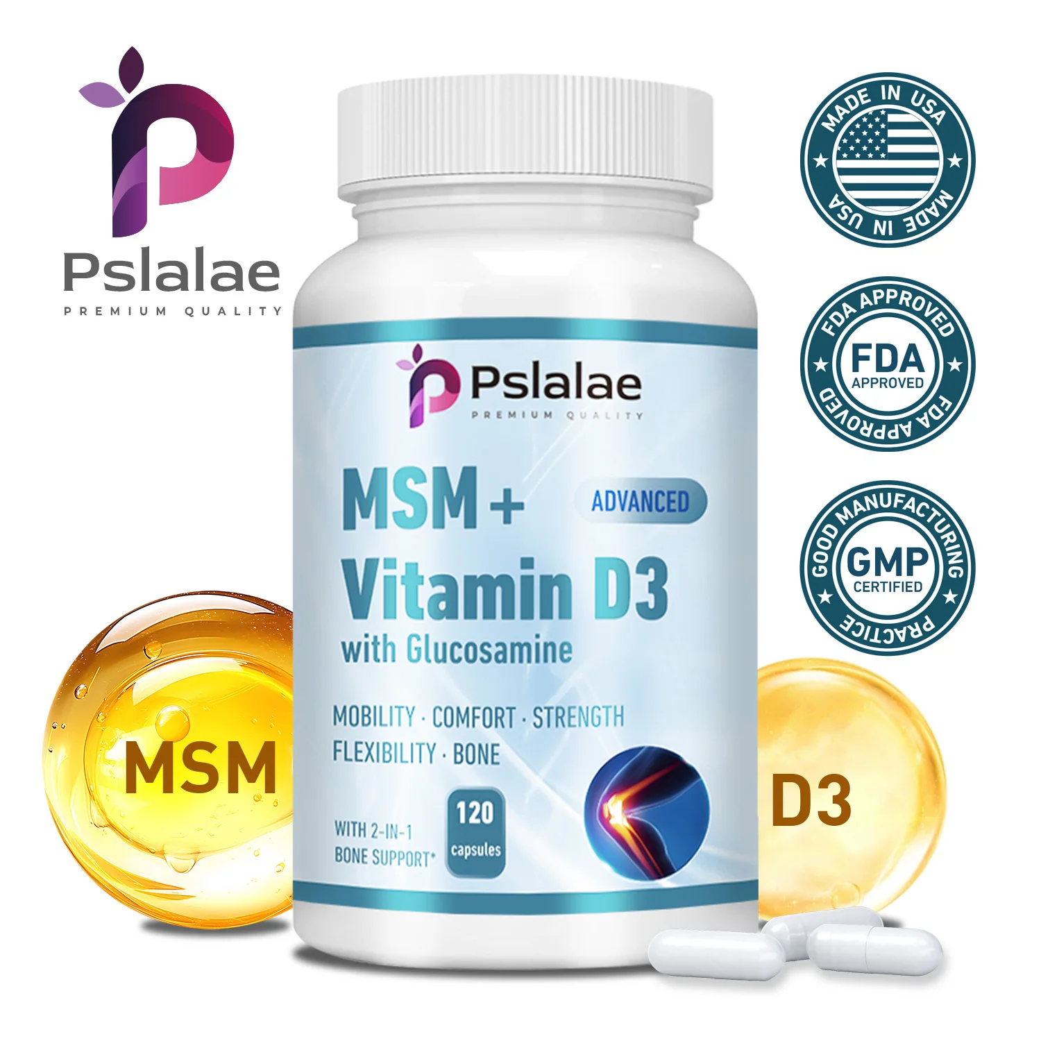 

120pcs MSM + Vitamin D3 with Glucosamine - Supports Mobility, Comfort, Strength, Flexibility and Bone Health