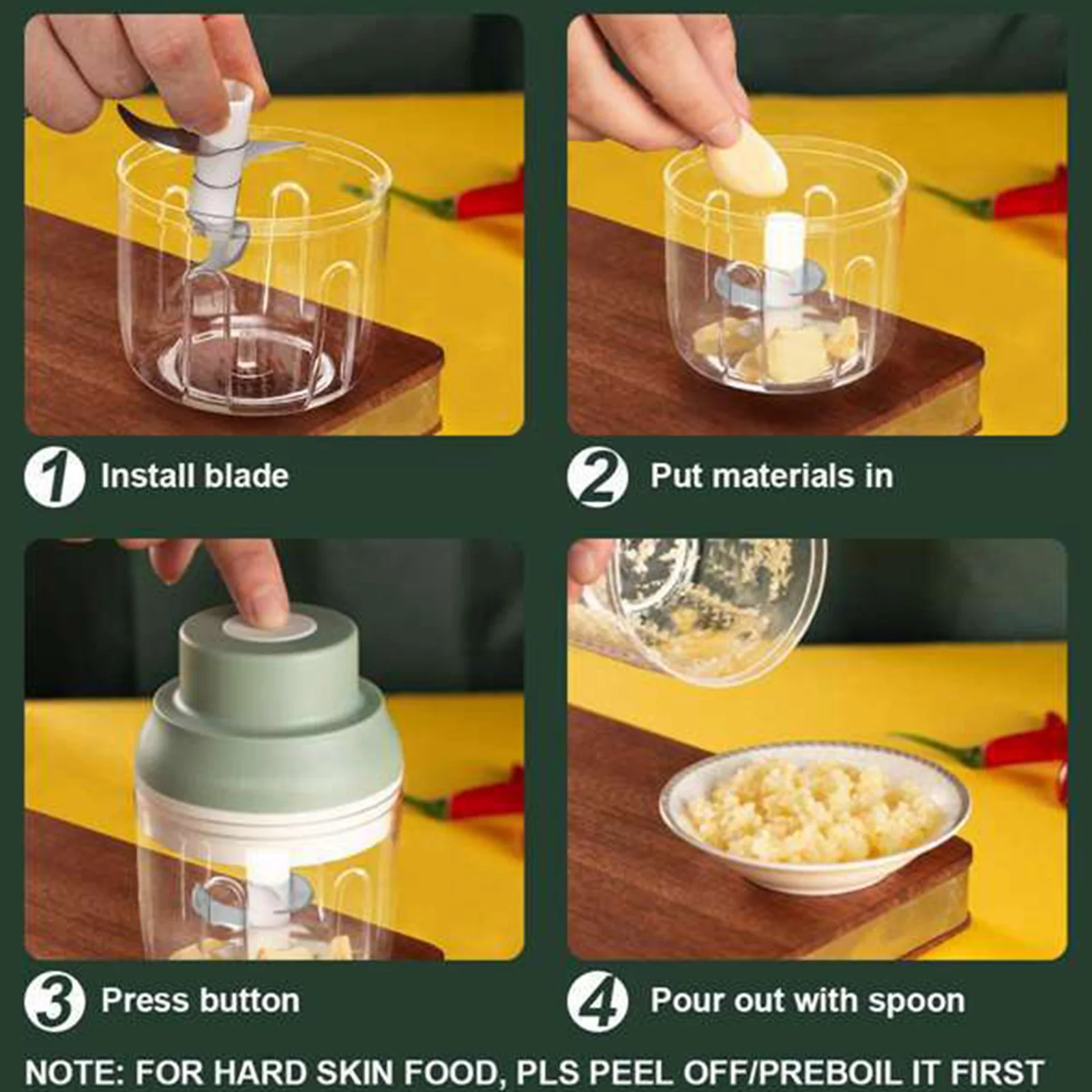 Picador de alho elétrico com carregamento USB, sem fio, 3 lâminas, máquina trituradora de alho para temperos, carne, suplemento alimentar