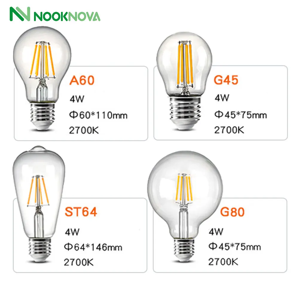 LED Filament Light Bulbs Basics E27 Edison Screw Bulb C35 G45 A60 ST64 G80 4W (equivalent to 50W) LED Bulbs