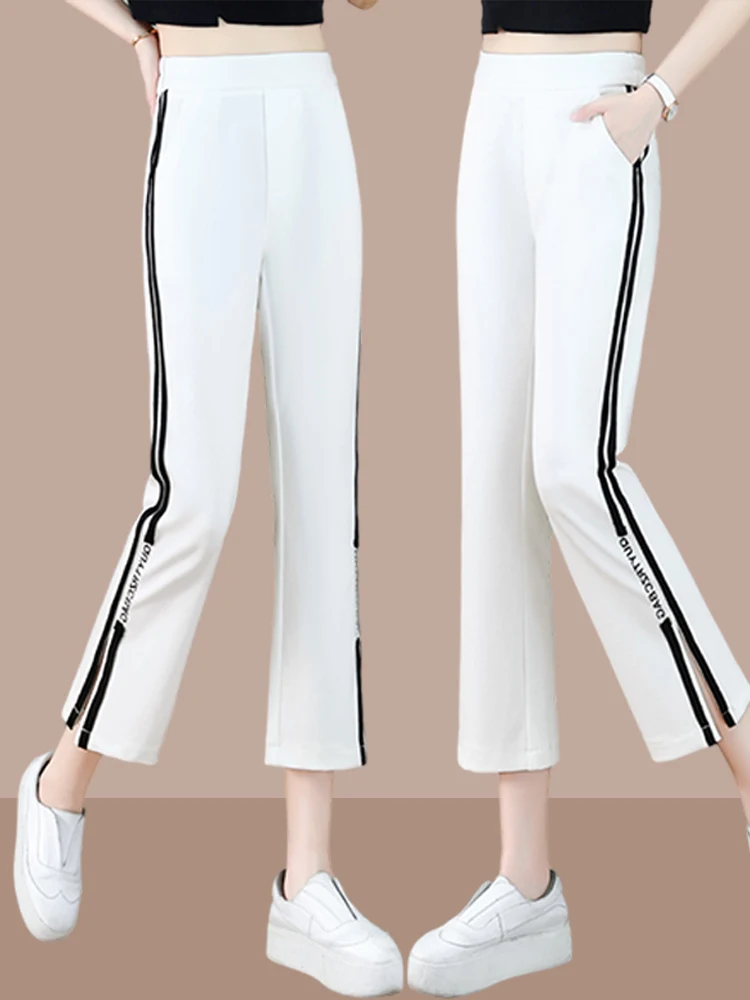 Women's Casual Sports Pants High Waist Straight Leg Thin Multi-Functional White Summer New Style Fashionable Ladies Trousers