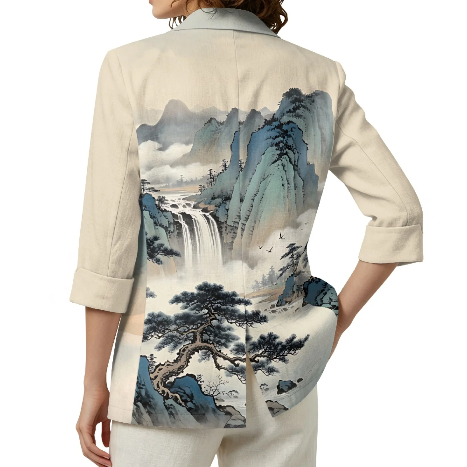 PENSTROLL Casual Linen Style Beach Cardigan Open Front Light Cover Up for Workout Ink Landscape Print