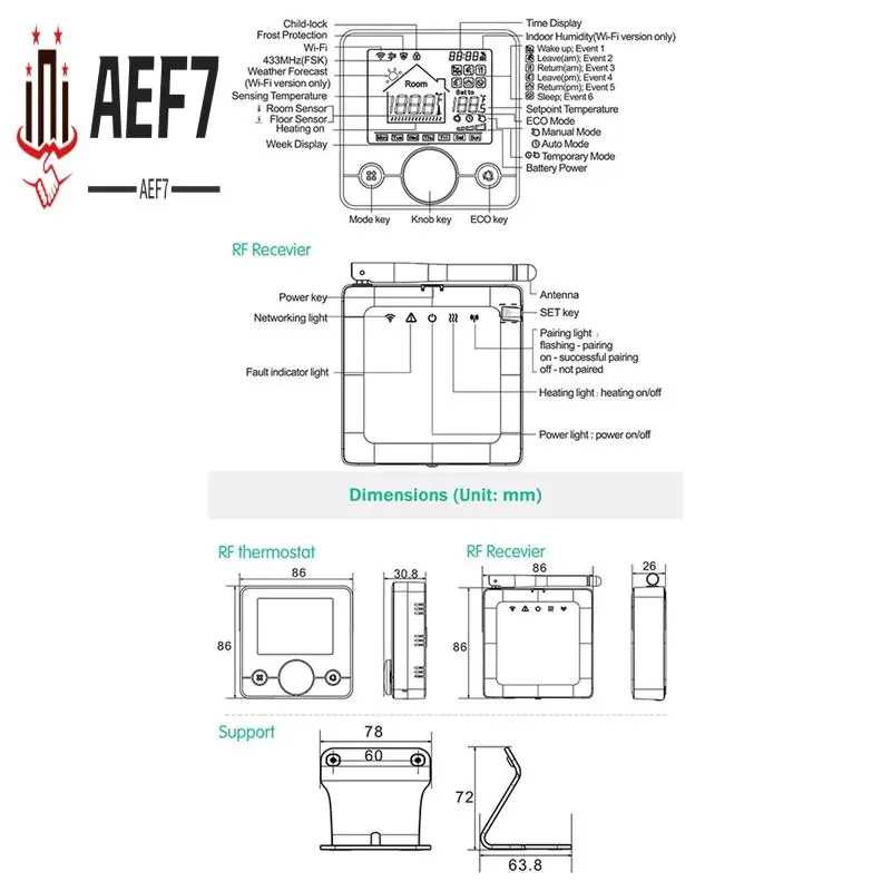 

AEF7-Smart RF433 Беспроводной термостат Wi-Fi Программируемый регулятор температуры для комнатного газового котла и голоса Alexa