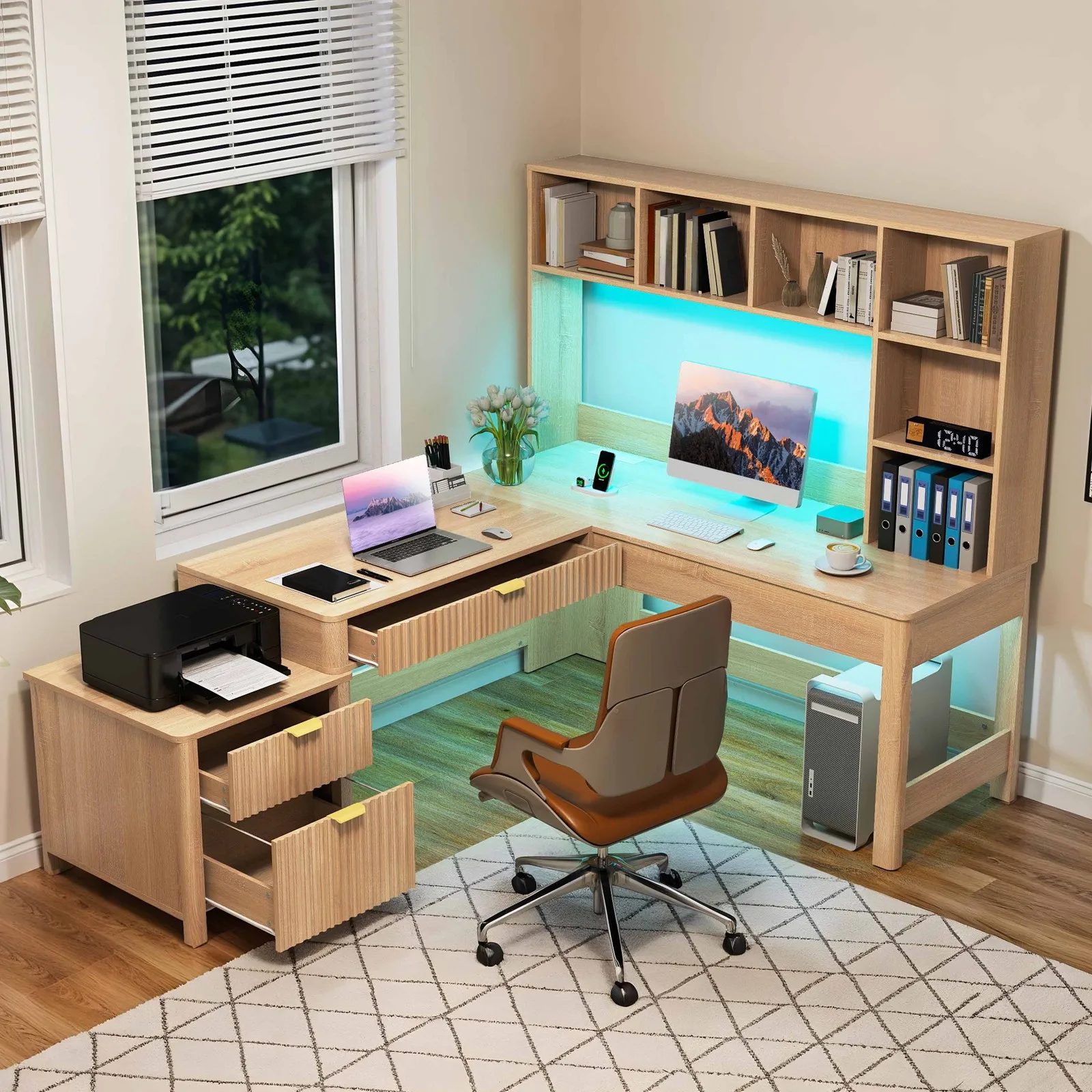 Computer desksL Shaped Desk 67 Inch Computer Desk with LED Lights Gaming Desk with Shelf Drawer Modern Office Desk for Home