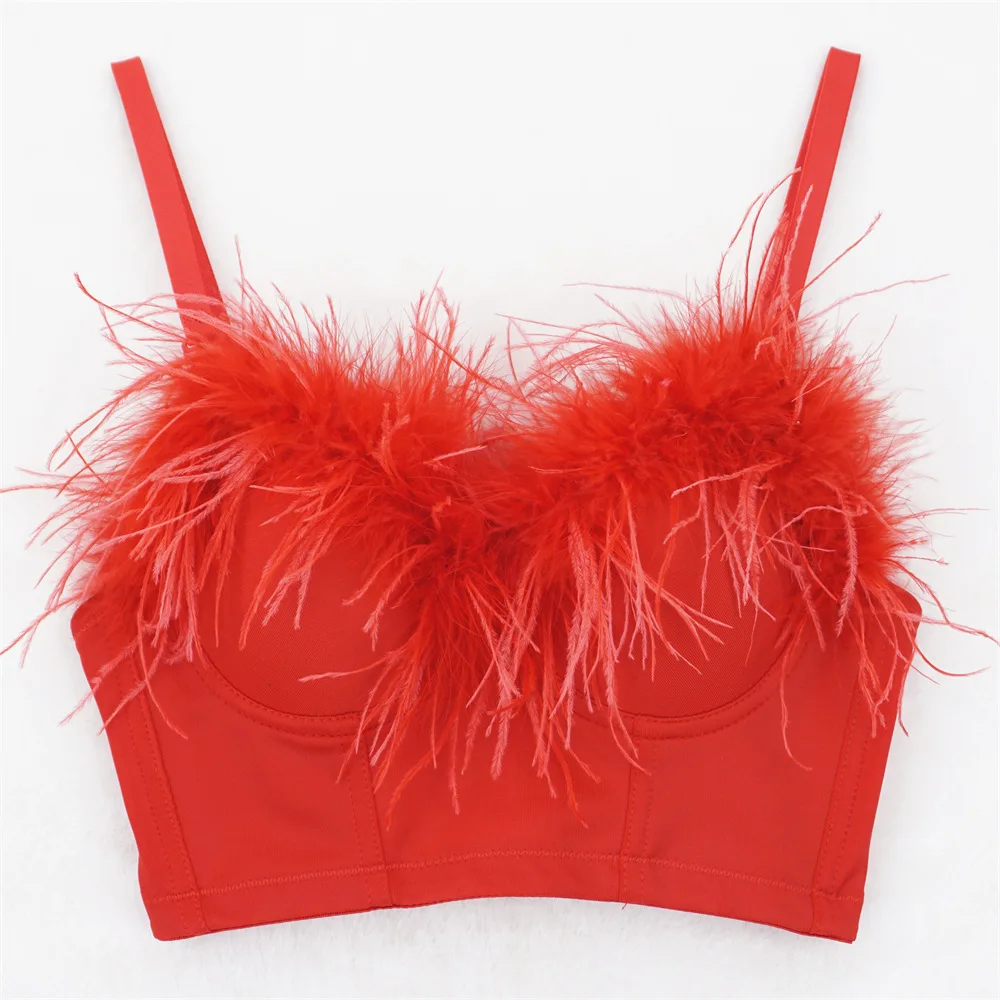 

Nightclub Sexy Ostrich Feather Fishbone Wrapped Chest Underwear-Free Hot Girl Coat American Backless Deep Collar Sling Women