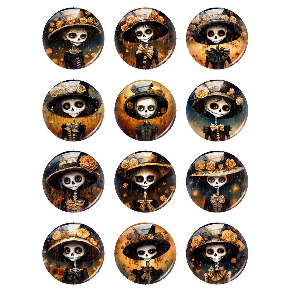 Gothic Skull Flower Girl Skeleton Photo Glass Cabochon Charms Halloween Demo Flat Back Cameo For Diy Jewelry Making Finding