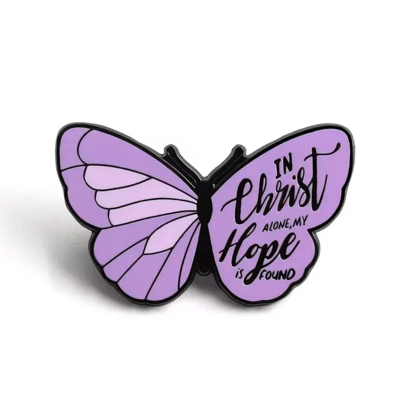 Purple Butterfly Enamel Pin In Christ Alone My Hope Is Found Christian Brooch Religious Faith Quote Badge Jewelry Gift for Women