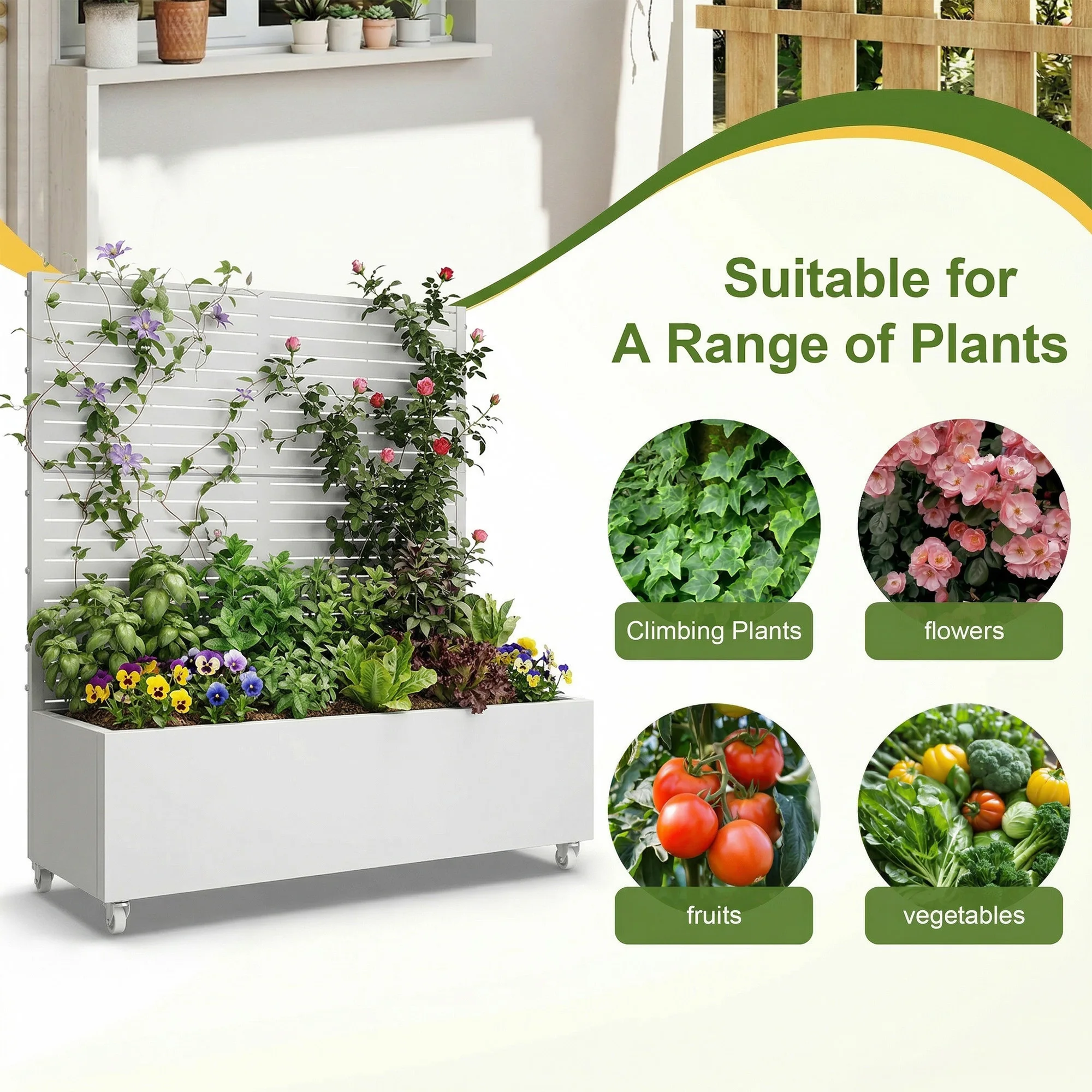 4 ft. H x 4 ft. W Metal Planter Box privacy screen Garden Bed with Trellis and Wheels - White view 4
