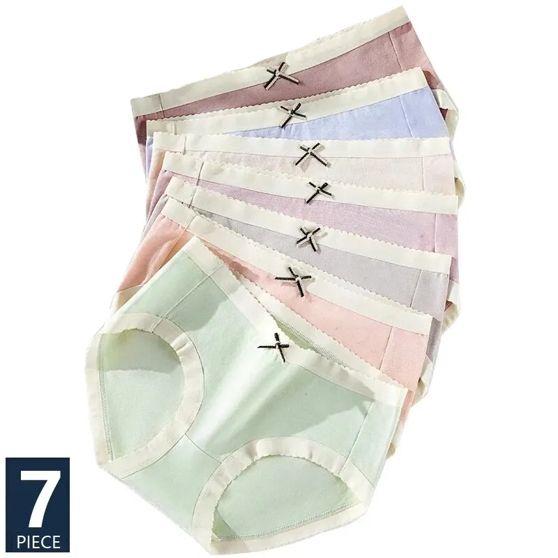 7Pcs Women\'s Panties Cotton Underwear Cute Bow Girls Briefs Solid Panty Breathable Underpants Sexy Low Waist Female Lingerie