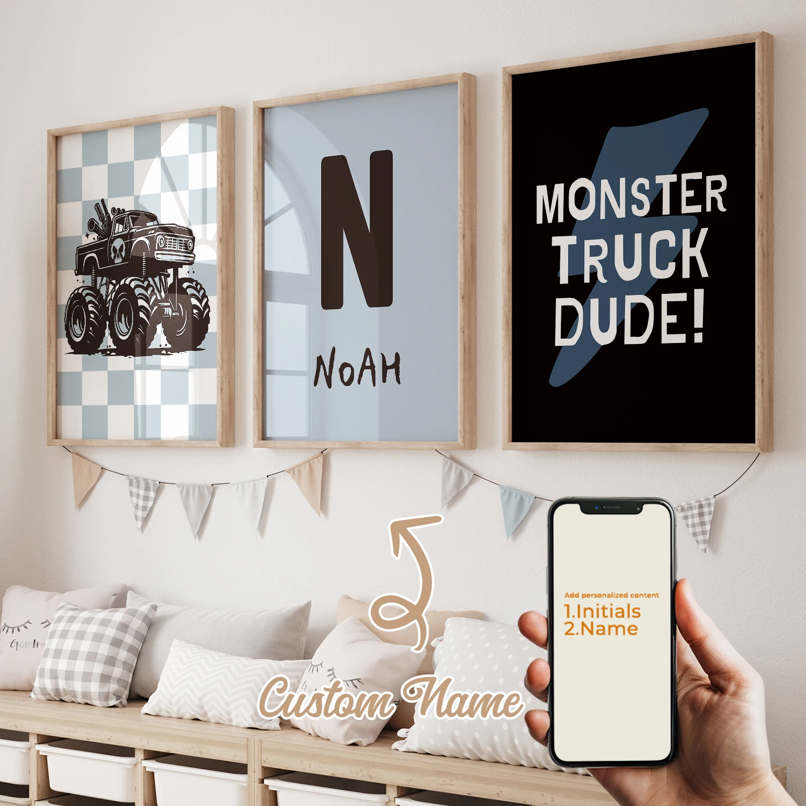 

3pcs Personalized Name Custom MONSTER TRUCK DUDE Blue And White Squares Wall Art Print Picture Living Room Kids Room Home Decor