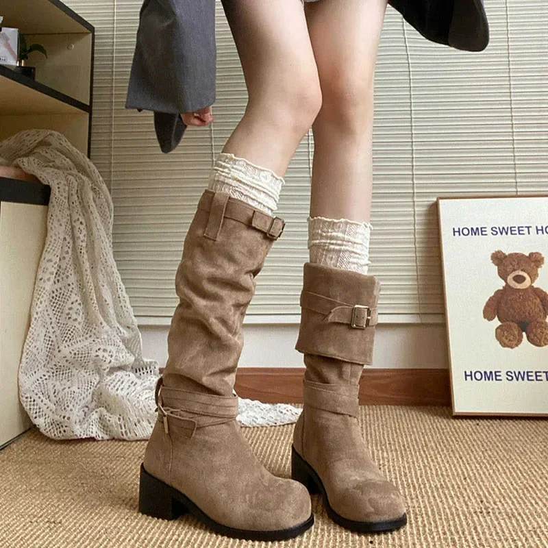 Platform Thick Heel Women Western Cowboy Boots Fashion Slip On Folded Pile Long Booties Female Shoes Autumn Winter