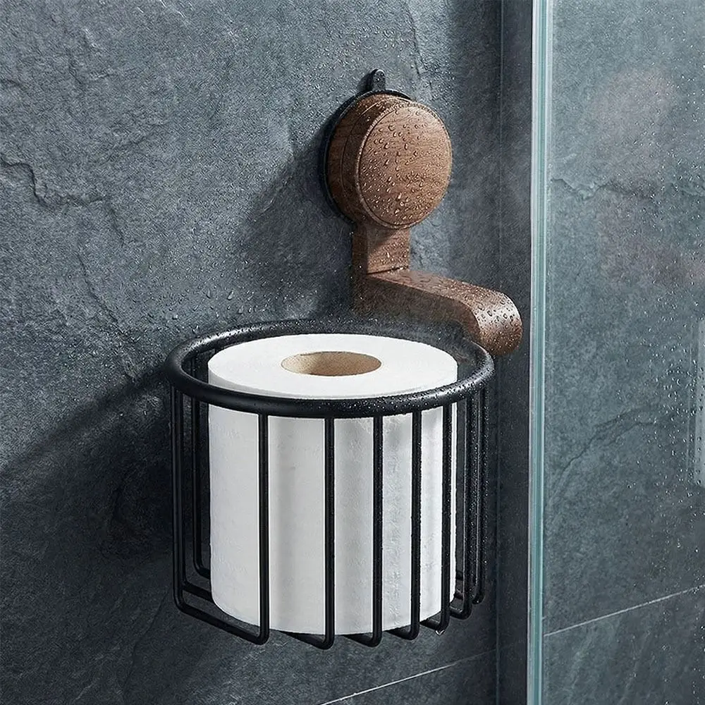 

Suction Cup Toilet Paper Holder Walnut Wood Non Perforated Toilet Tissue Basket Wall Mount Waterproof Bathroom Storage Rack