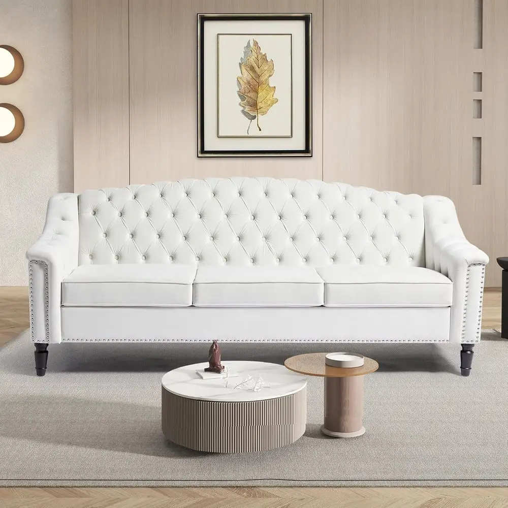 

Large 80 High Back Upholstered Sofa, Sleeper Settee with Solid Wood Legs, 3 Seater Wide Couch for Living Room Office (White)