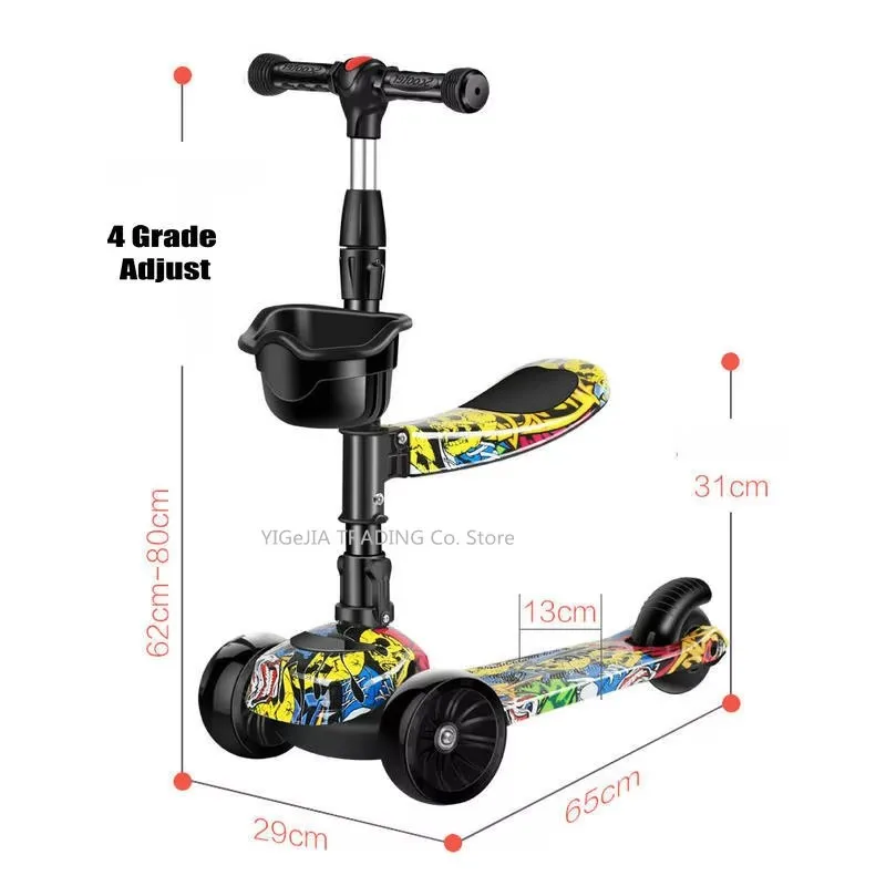 Kick Scooter With Seat, 4 Grade Height Adjustable Scooter with 5cm Widen Wheels, 3-in-1 Foldable Kick Scooter