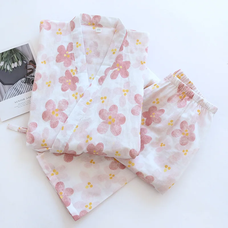 

FZSLCYIYI 100% Cotton Japan Women Sleepwear Home Clothes Ladies Half Sleeve Kimono Robe Long Trousers Pajamas Suit Homewear