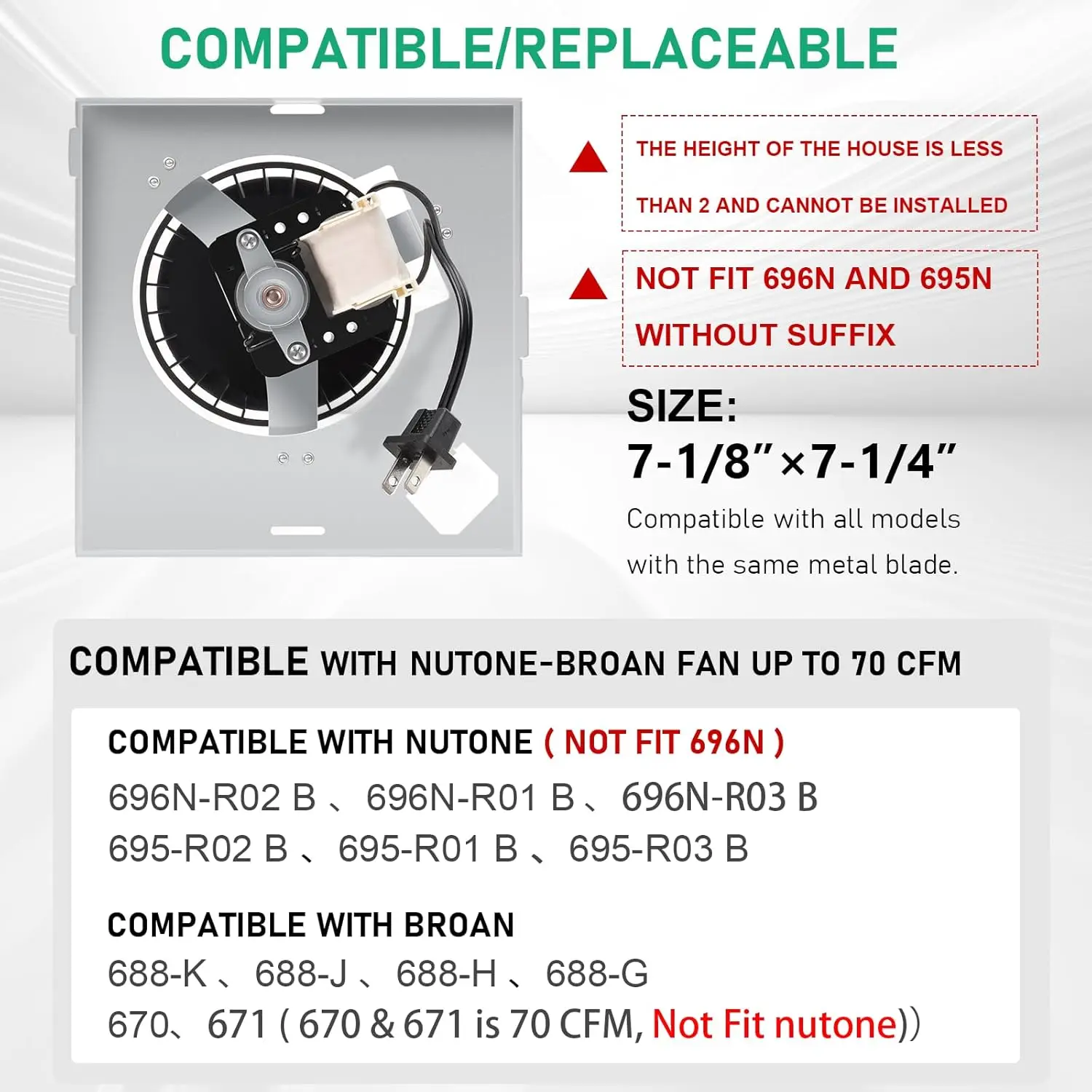 

【Оновленный】 Вентилятор 696N-R02 B Unit 70CFM, совместимый с Broan-Nutone 688-K 688-J 688-H 688-G 695N-R02 B, 696N-R01 B, 695N-R02 B