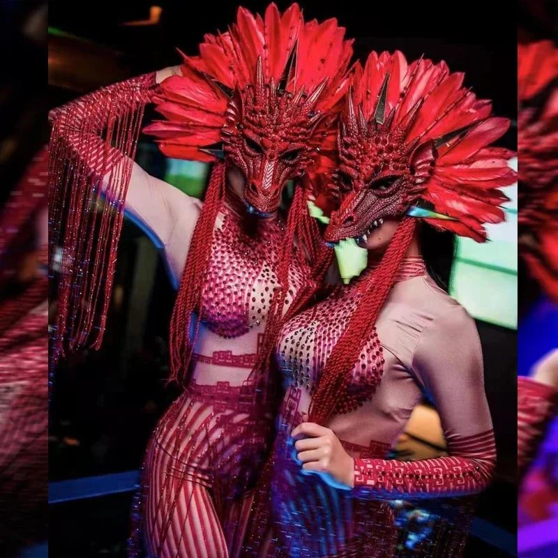 

Dragon Festival Outfit Nightclub Dj Ds Gogo Dance Cosplay Costume Exaggerated Stage Costume Red Feather Headress Chinese