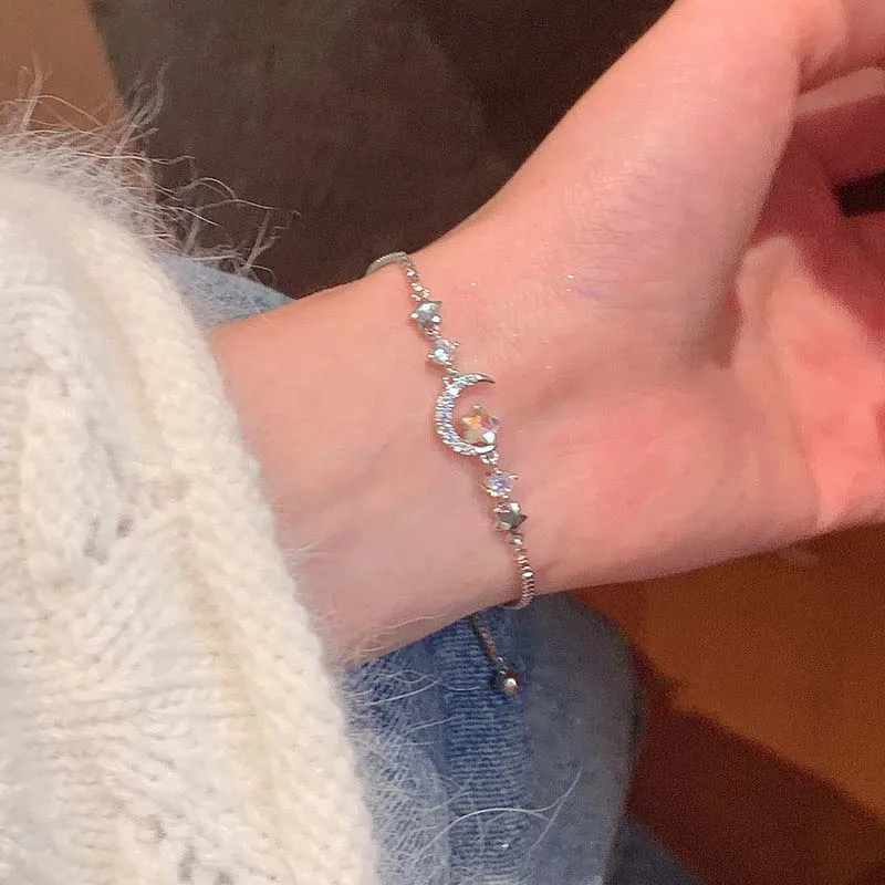 سوار فاخر من الزركون النجمة والقمر للنساء ، كريستال رائع ، كريستال لامع ، سحب قابل للتعديل ، جمالي ، هدايا مجوهرات #1