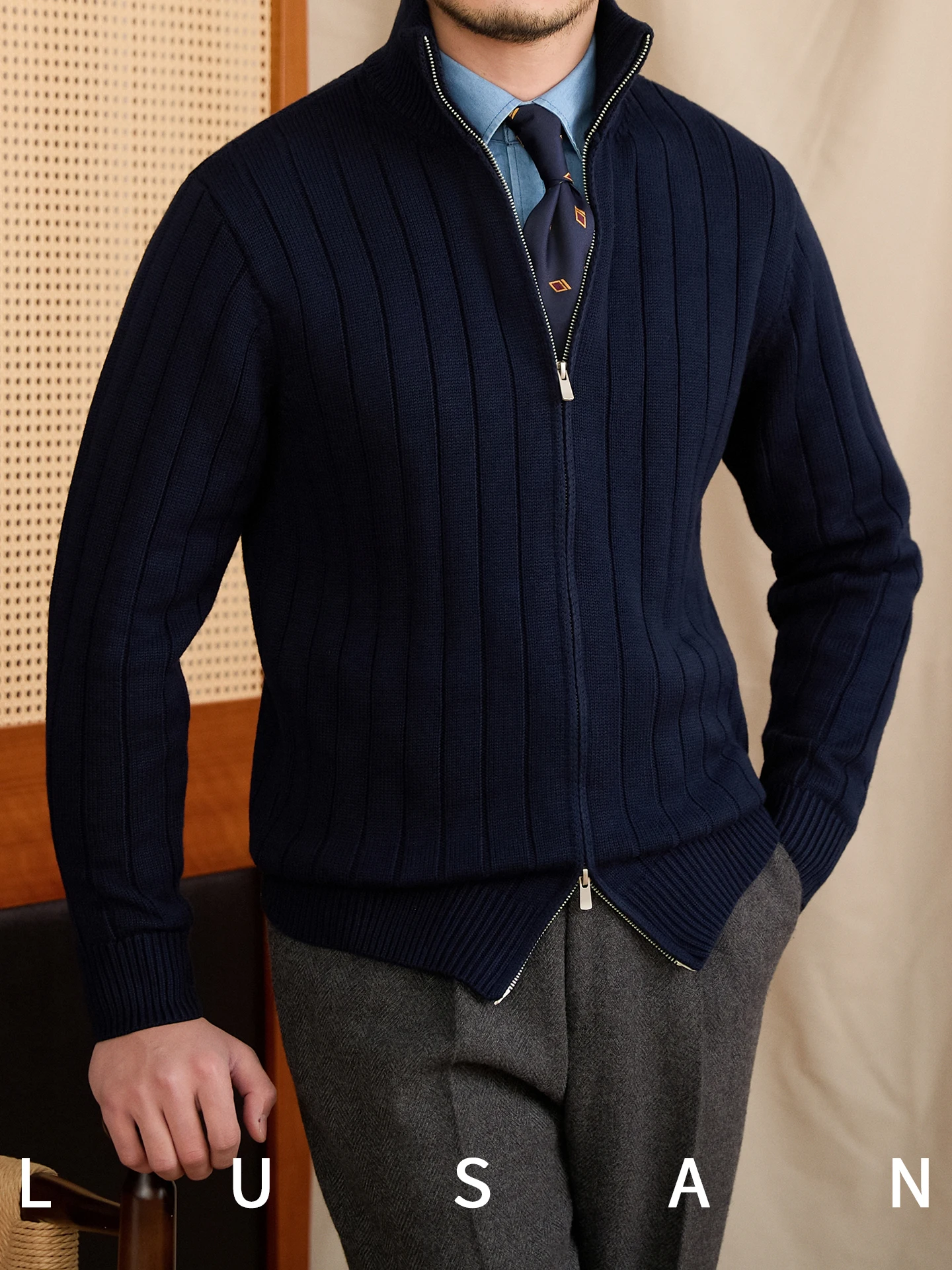 High-End Basic Style All-Match Wool Blended Stand Collar Knit a Sweater Coat Warm Autumn and Winter Cardigan Men