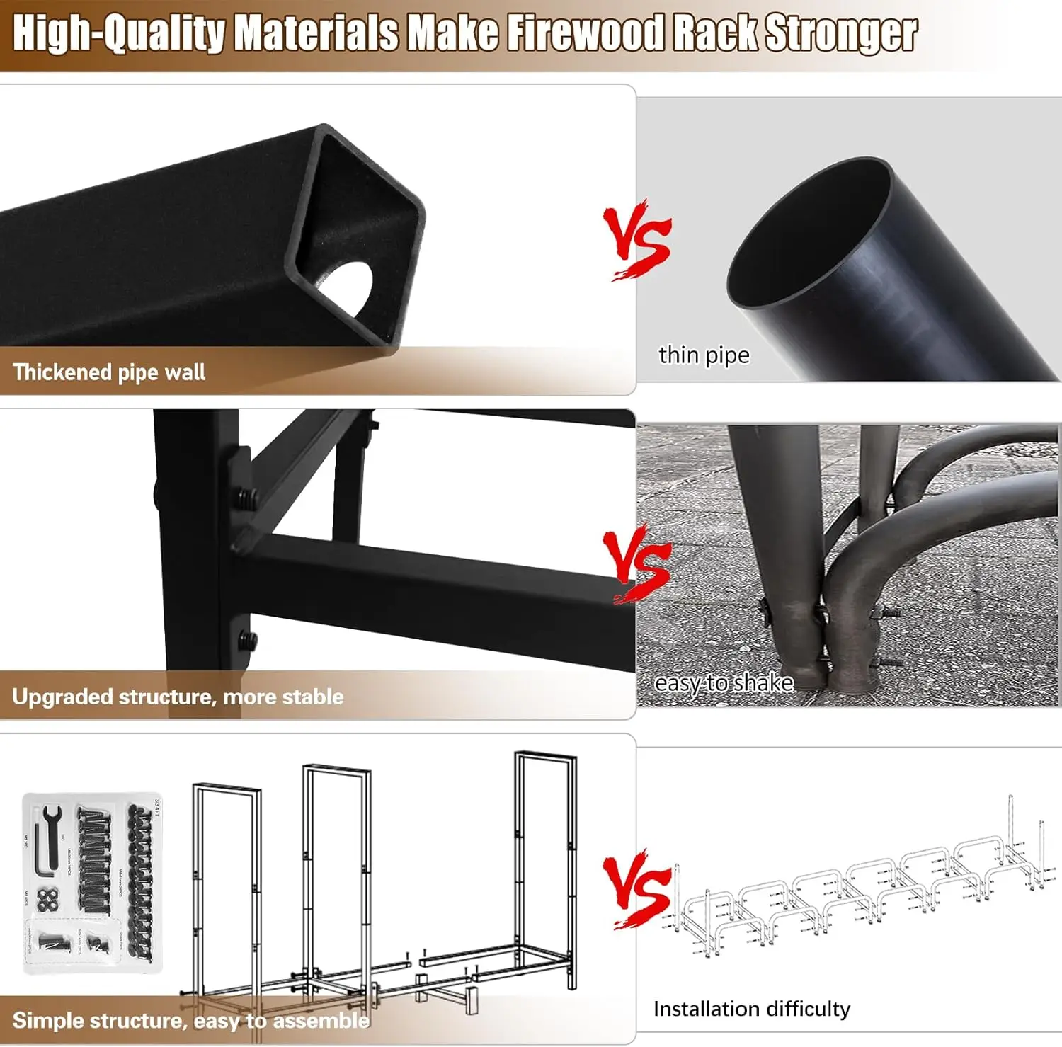 Outdoor Firewood Rack with Cover, Heavy-Duty Log Holder for Patio and Courtyard Storage