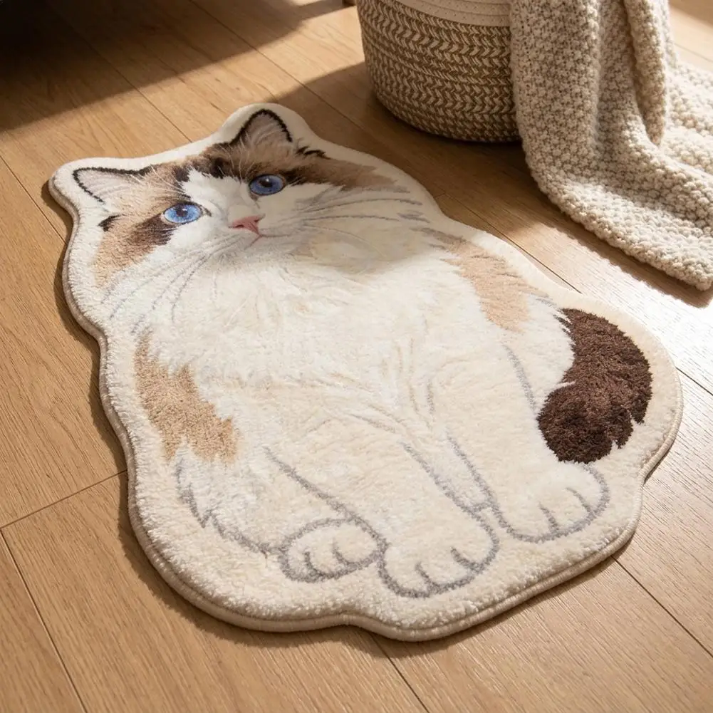 Cute Cat Shaped Irregular Rug, Soft Plush Polyester Floor Mat, Non Slip Decorative Bedroom Bedside Carpet For Cat Lovers Home