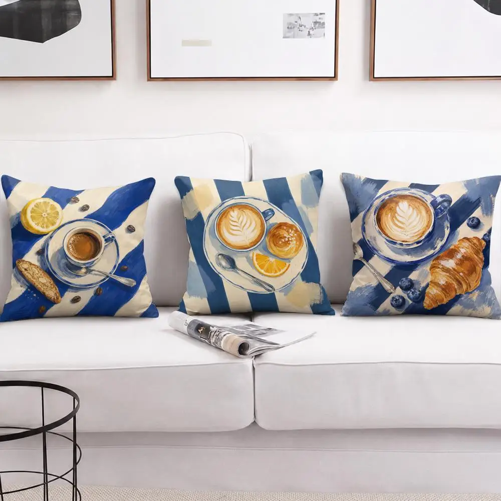 Gouache Picnic Coffee & Food Cushion Cover Soft Short Plush Pillow Cases Hidden Zipper Cutecore Sofa Bedroom Home Decor Gift