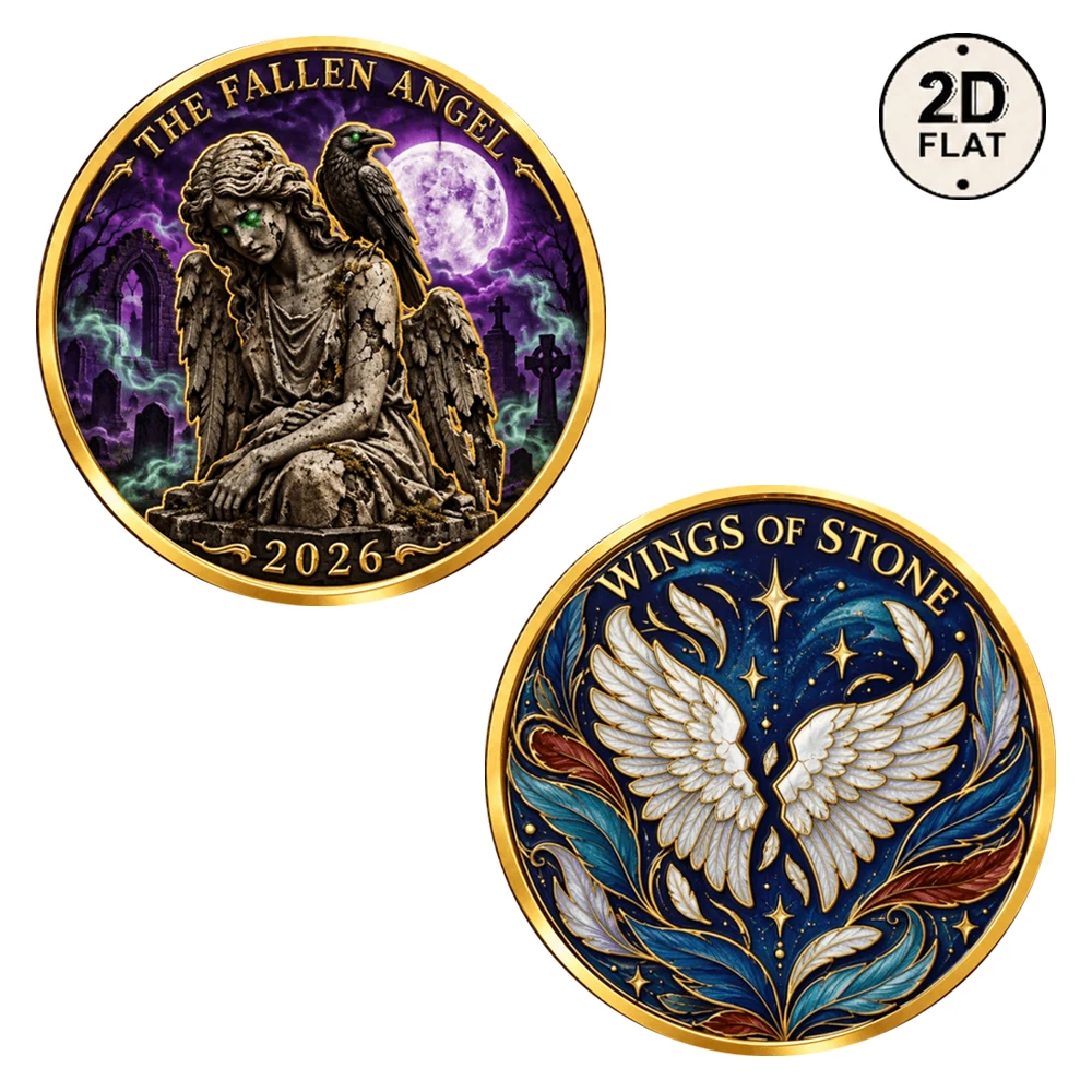 1pc The Fallen Angel Metal Challenge Coin Color Print Gothic Wings of Stone Commemorative Coin Souvenir Gifts for Halloween