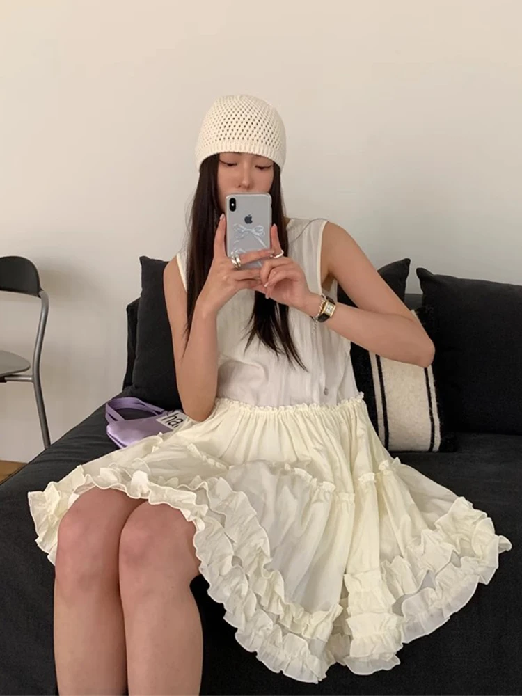 Vestido F Estilo Coreano com Design de Camadas e Decote Redondo, Estilo Cake, Saia Curta